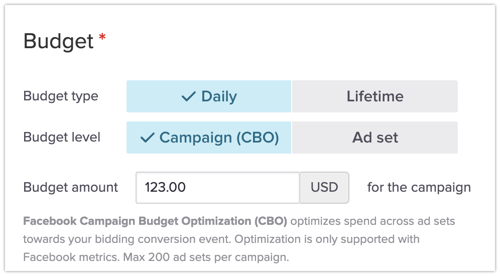 Enabling Facebook CBO in campaign budget settings