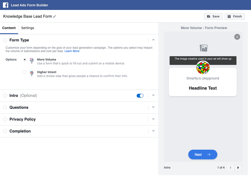 Facebook Lead Ads form builder step 2