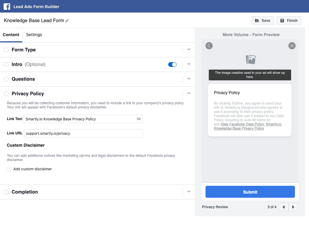 Facebook Lead Ads form builder step 5