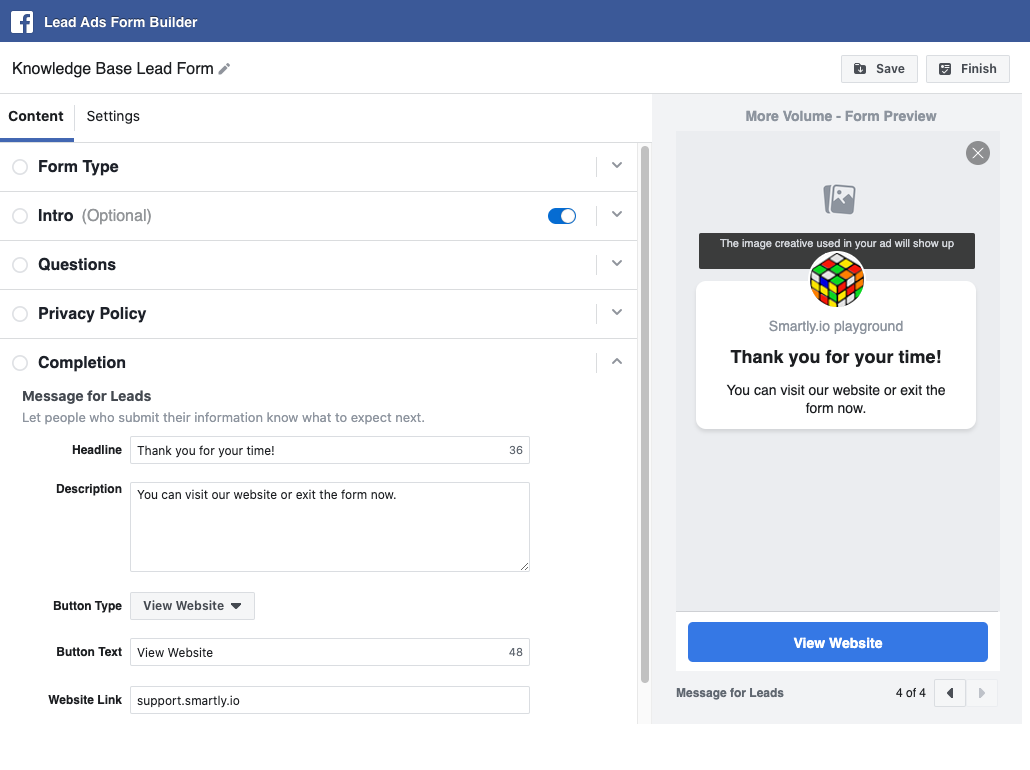 Facebook Lead Ads form builder step 6