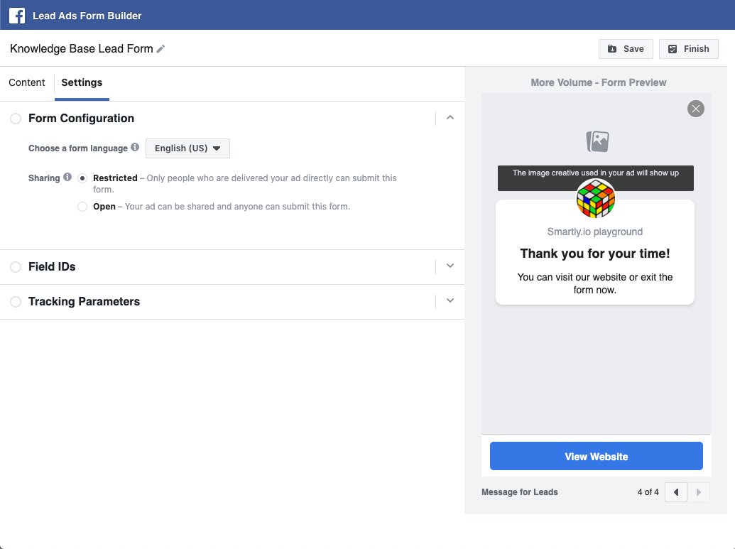 Facebook Lead Ads form builder settings