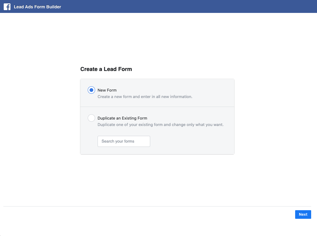 Facebook Lead Ads form builder step 1