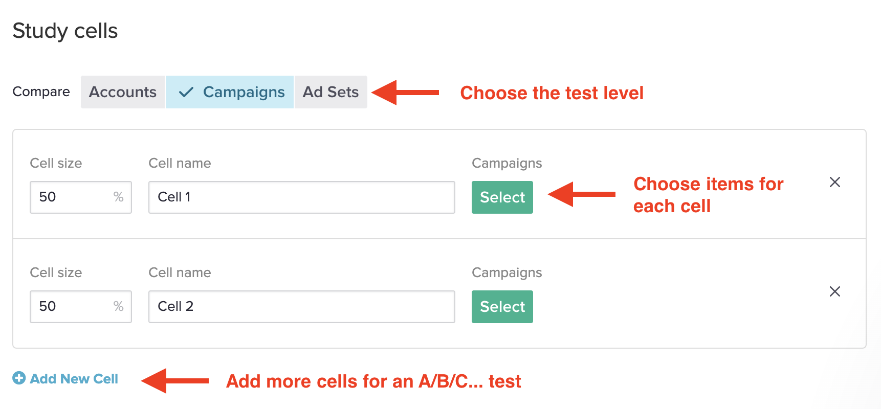 Selecting split test cells for Facebook Split Testing in Smartly.io